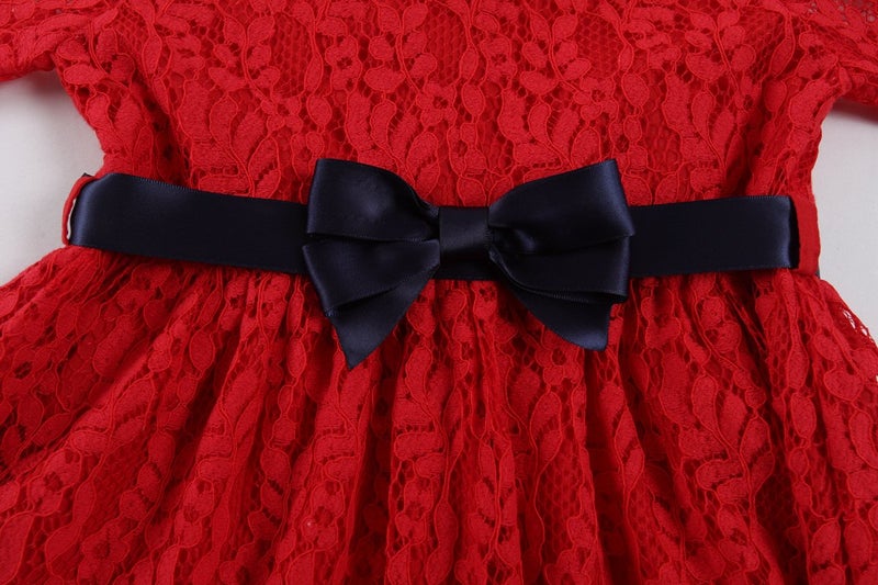 Bonny Billy Girls Long Sleeve Midi Lace Christmas Dress with Bow Sash 7-8 Years Red - Image 5